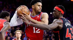 Tobias Harris of the Philadelphia 76ers is guarded by Pascal Siakam of the Toronto Raptors