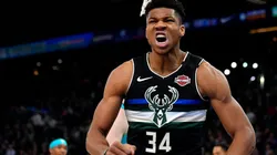 Giannis Antetokounmpo of the Milwaukee Bucks reacts after a dunk during a NBA Game
