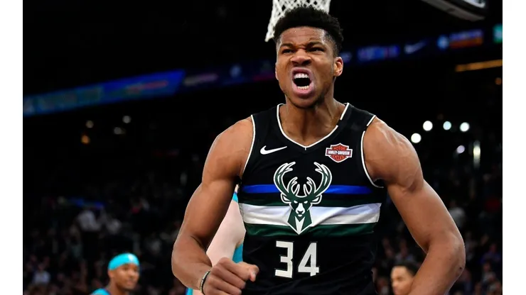 Giannis Antetokounmpo of the Milwaukee Bucks reacts after a dunk during a NBA Game