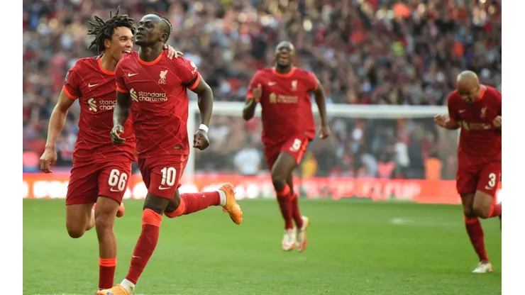 Liverpool players celebrate during their win over Man City in the 2022 FA Cup semifinals.
