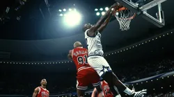 Shaquille O'Neal dunking on Dennis Rodman