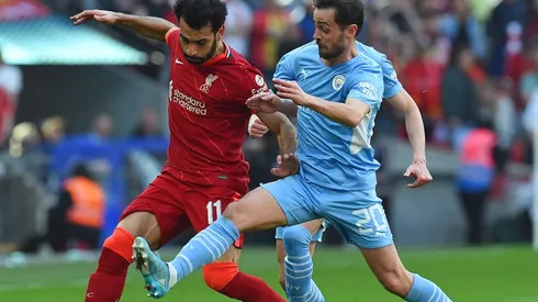 Mohamed Salah of Liverpool with Bernardo Silva of Manchester City