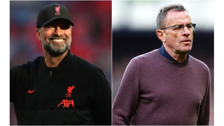 Jurgen Klopp of Liverpool and Ralf Rangnick of Manchester United
