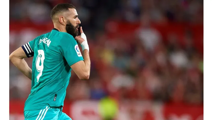 Karim Benzema of Real Madrid celebrates after scoring his sides first goal during the match between Sevilla FC and Real Madrid CF