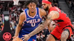 Tyrese Maxey of the Philadelphia 76ers drives against Gary Trent Jr. of the Toronto Raptors