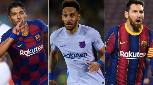 Luis Suarez, Pierre-Emerick Aubameyang, and Lionel Messi of Barcelona