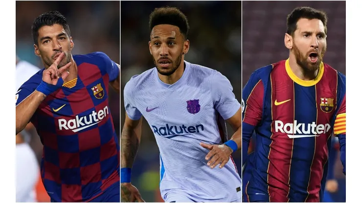 Luis Suarez, Pierre-Emerick Aubameyang, and Lionel Messi of Barcelona