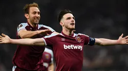 Declan Rice celebrates during West Ham's win over Lyon.