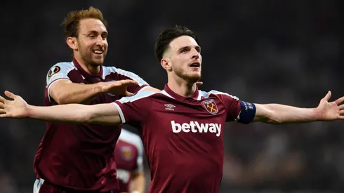 Declan Rice celebrates during West Ham's win over Lyon.