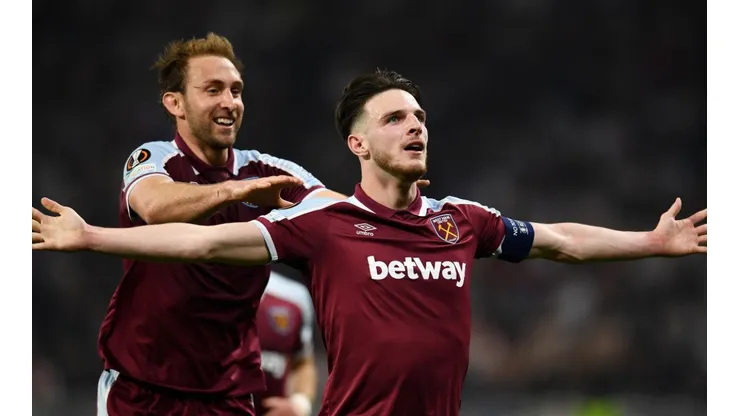 Declan Rice celebrates during West Ham's win over Lyon.