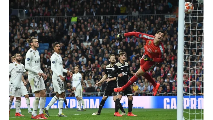 Real Madrid's Thibaut Courtois receiving a goal against Ajax in UEFA Champions League 2018-2019