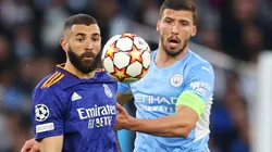 Karim Benzema of Real Madrid (left) and Ruben Dias of Manchester City.