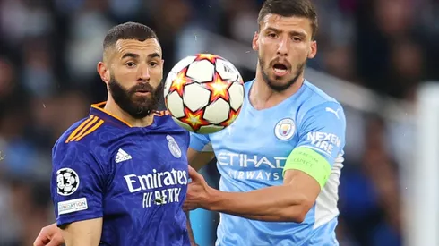 Karim Benzema of Real Madrid (left) and Ruben Dias of Manchester City.