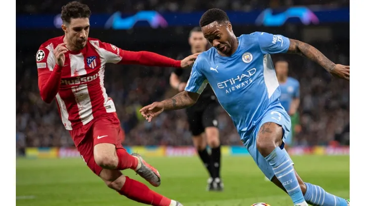 Sime Vrsaljko of Atletico Madrid and Raheem Sterling of Manchester City