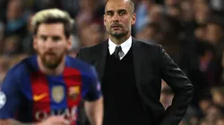 Pep Guardiola watches Lionel Messi in action from the sidelines.