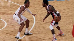 Kyrie Irving of Brooklyn Nets and Isaac Okoro of Cleveland Cavaliers