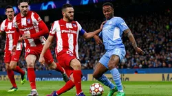 Raheem Sterling of Manchester City is tackled by Koke of Atletico Madrid