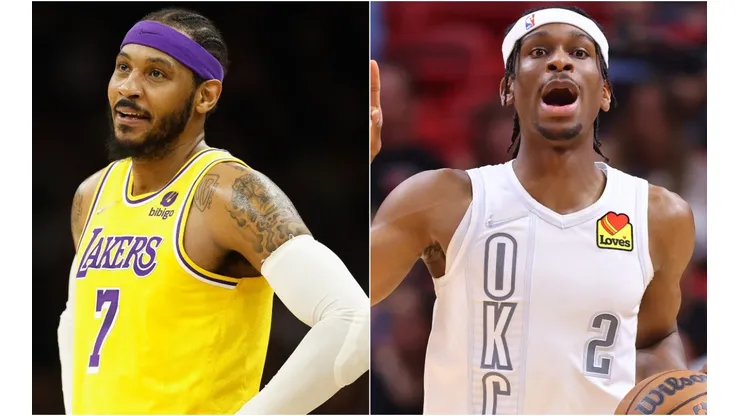 Carmelo Anthony of the Los Angeles Lakers and Shai Gilgeous-Alexander of the Oklahoma City Thunder
