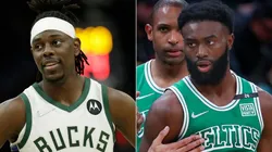 Jrue Holiday of the Milwaukee Bucks and Jaylen Brown of the Boston Celtics