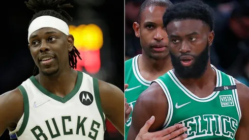 Jrue Holiday of the Milwaukee Bucks and Jaylen Brown of the Boston Celtics