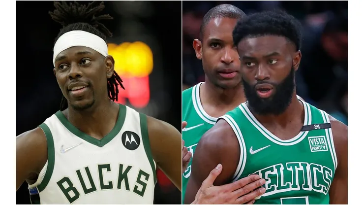 Jrue Holiday of the Milwaukee Bucks and Jaylen Brown of the Boston Celtics