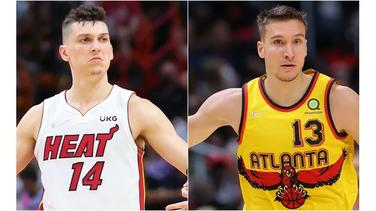 Tyler Herro of the Miami Heat and Bogdan Bogdanovic of the Atlanta Hawks