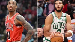 DeMar DeRozan of the Chicago Bulls and Jayson Tatum of the Boston Celtics