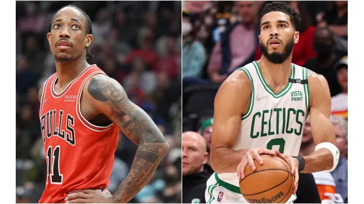 DeMar DeRozan of the Chicago Bulls and Jayson Tatum of the Boston Celtics