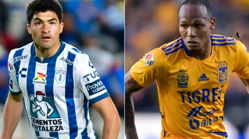 Nicolas Ibanez of Pachuca and Luis Quiñones of Tigres