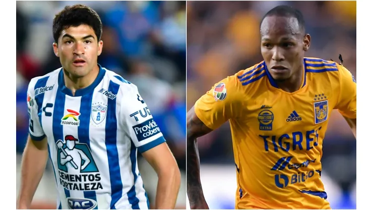 Nicolas Ibanez of Pachuca and Luis Quiñones of Tigres