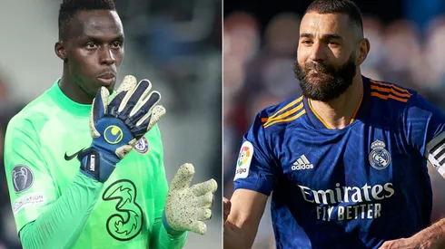 Edouard Mendy of Chelsea and Karim Benzema of Real Madrid