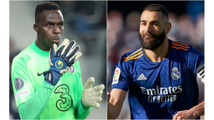 Edouard Mendy of Chelsea and Karim Benzema of Real Madrid