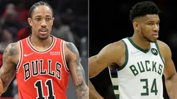 DeMar DeRozan of the Chicago Bulls and Giannis Antetokounmpo of the Milwaukee Bucks