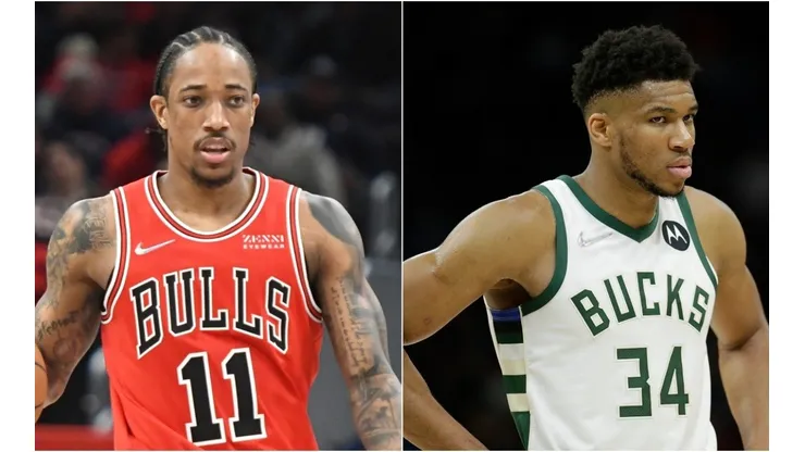 DeMar DeRozan of the Chicago Bulls and Giannis Antetokounmpo of the Milwaukee Bucks