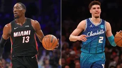 Bam Adebayo of the Miami Heat and LaMelo Ball of the Charlotte Hornets