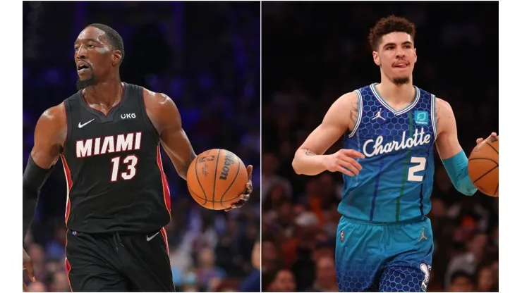 Bam Adebayo of the Miami Heat and LaMelo Ball of the Charlotte Hornets