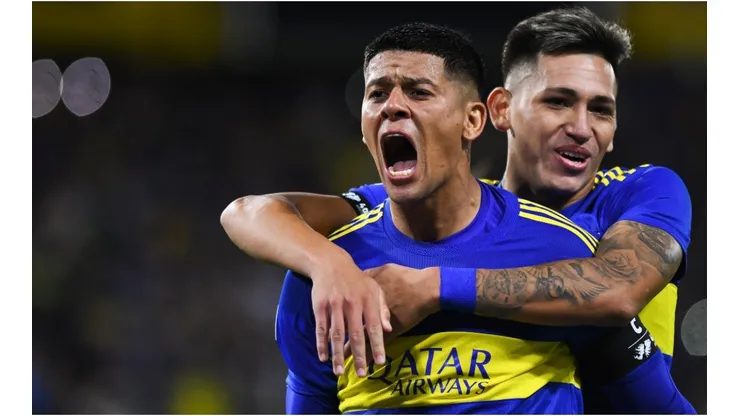 Marcos Rojo of Boca Juniors celebrates with teammate Luis Vazquez
