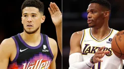 Devin Booker of the Phoenix Suns and Russell Westbrook of the Los Angeles Lakers
