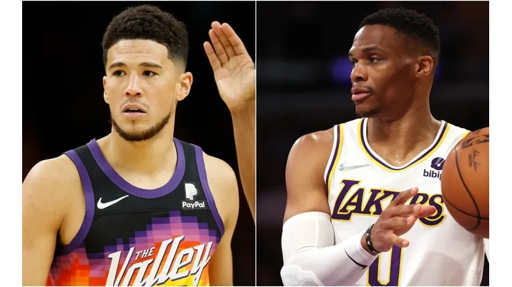 Devin Booker of the Phoenix Suns and Russell Westbrook of the Los Angeles Lakers