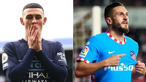 Phil Foden of Manchester City and Koke of Atletico de Madrid