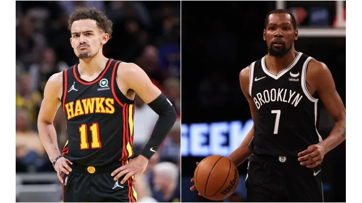 Trae Young of the Atlanta Hawks and Kevin Durant of Brooklyn Nets