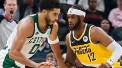 Jayson Tatum of the Boston Celtics and Oshae Brissett of the Indiana Pacers
