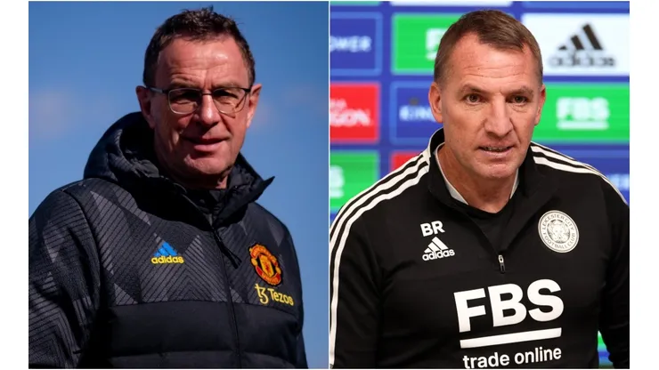 Ralf Rangnick of Manchester United and Brendan Rodgers of Leicester City
