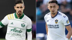 Josecarlos Van Rankin of the Portland Timbers and Marco Delgado of the Los Angeles Galaxy