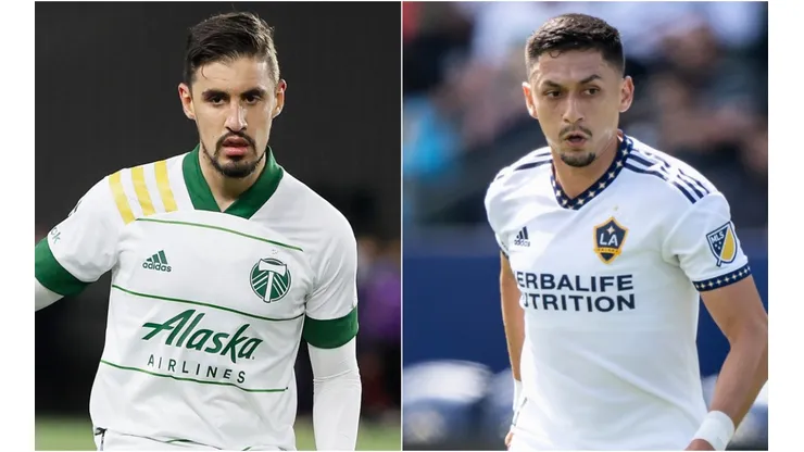 Josecarlos Van Rankin of the Portland Timbers and Marco Delgado of the Los Angeles Galaxy