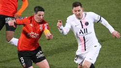 Laurent Abergel of Lorient and Lionel Messi of PSG