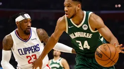 Giannis Antetokounmpo of the Milwaukee Bucks and Robert Covington of the Los Angeles Clippers