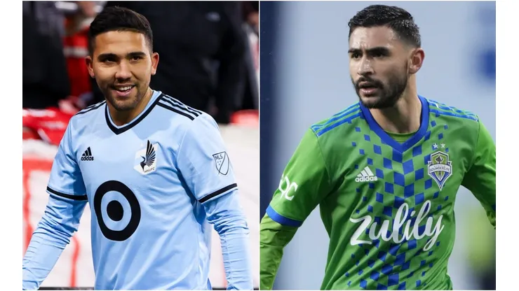 Emanuel Reynoso of Minnesota United and Fredy Montero of Seattle Sounders