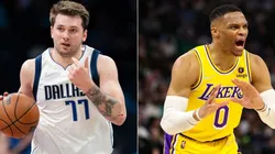 Luka Doncic of Dallas Mavericks and Russell Westbrook of Los Angeles Lakers
