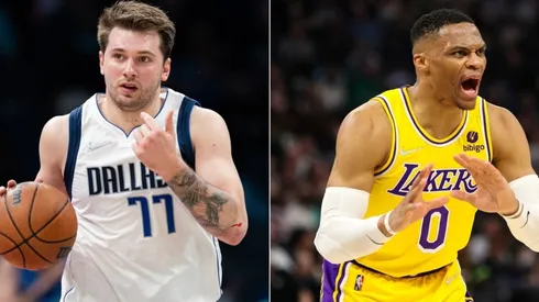 Luka Doncic of Dallas Mavericks and Russell Westbrook of Los Angeles Lakers